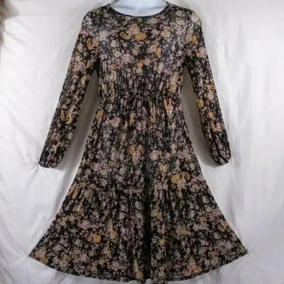wild fable Dresses & Skirts - Wild Fable Women's Green Floral Long Sleeve Keyhole Cinched Sheer Dress Size L